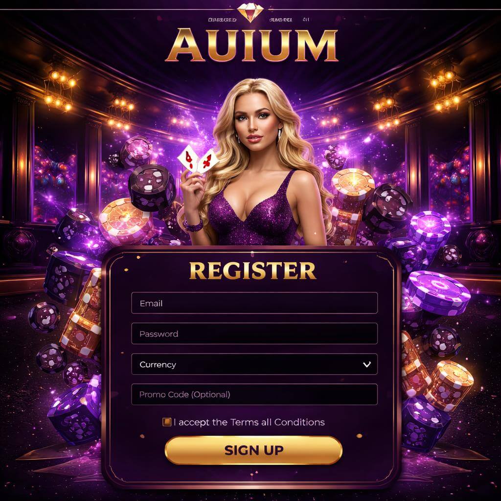AUIUM sign in page for a gaming platform offering casino classics live action and a broad assortment of titles
